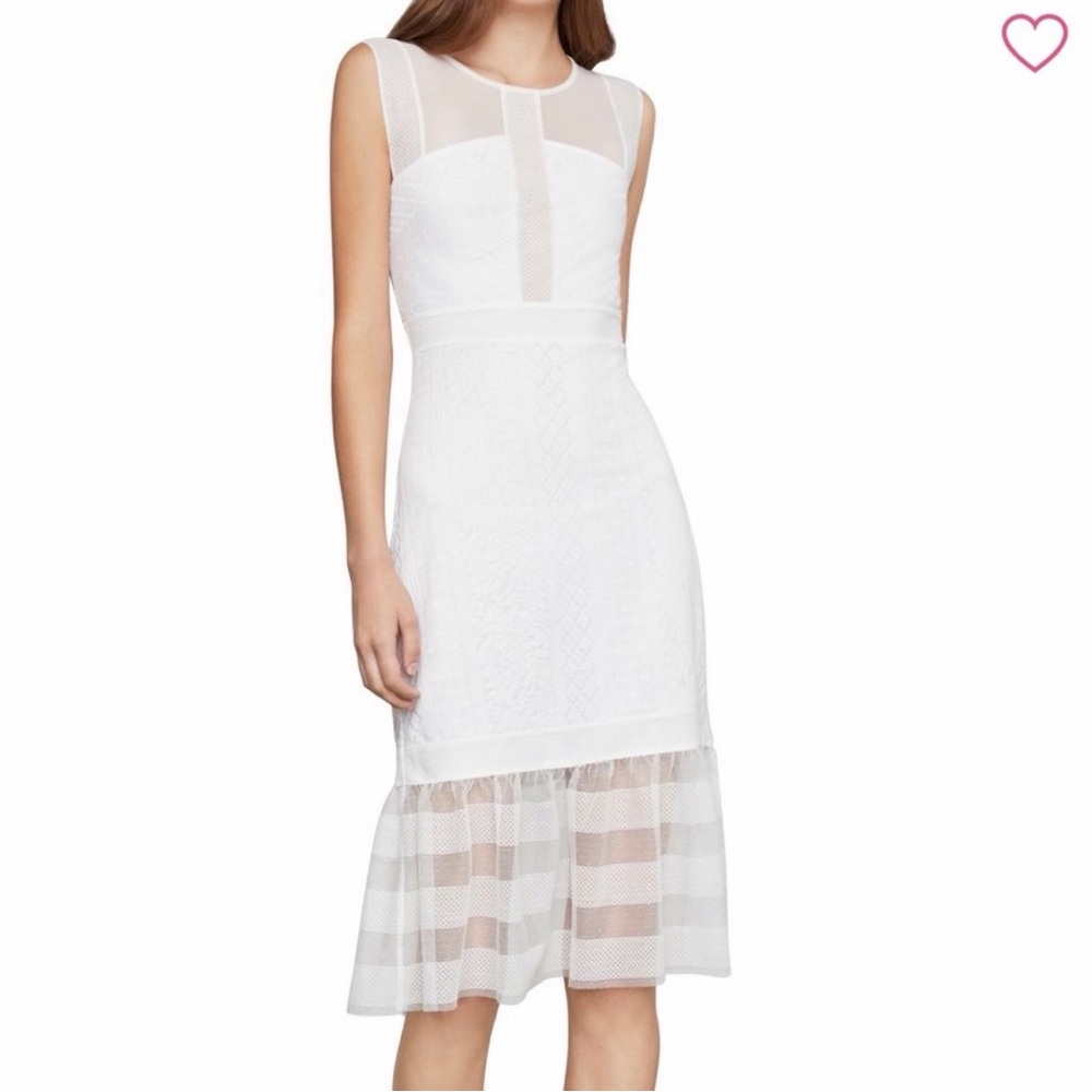 BCBGMaxAzria White Sleeveless Mesh-Panel Midi Dress